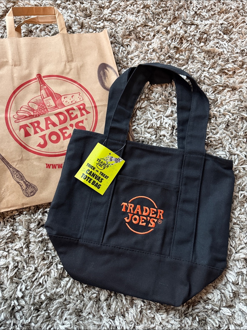 Trader Joe’s Trick or Treat Black Canvas Tote Bag with Orange Logo
